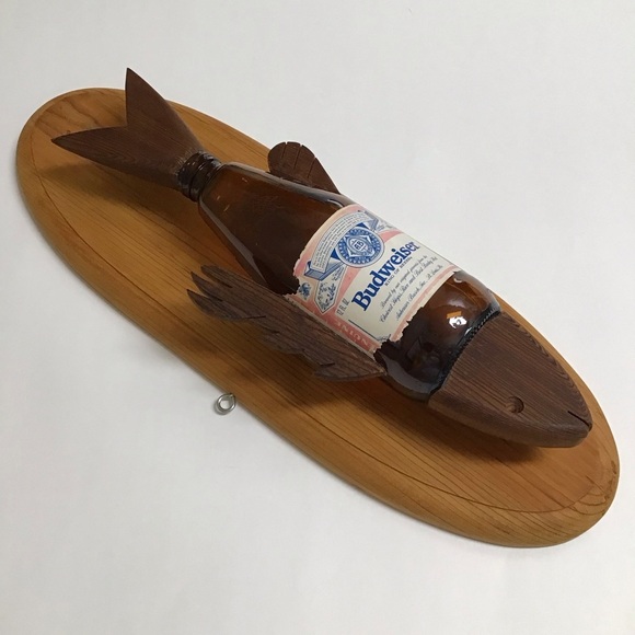 Budweiser Beer Bottle Fish Wall Plaque Wood Handmade Bud Folk Art Bar Decor 80’s - Picture 4 of 16